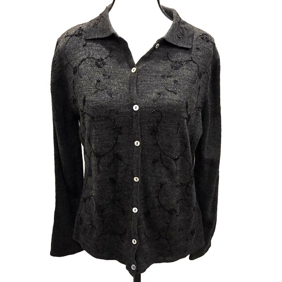 90s Vintage Worthington Sweater Women's Large Gray Beaded Floral Knit Button Up - Picture 1 of 10